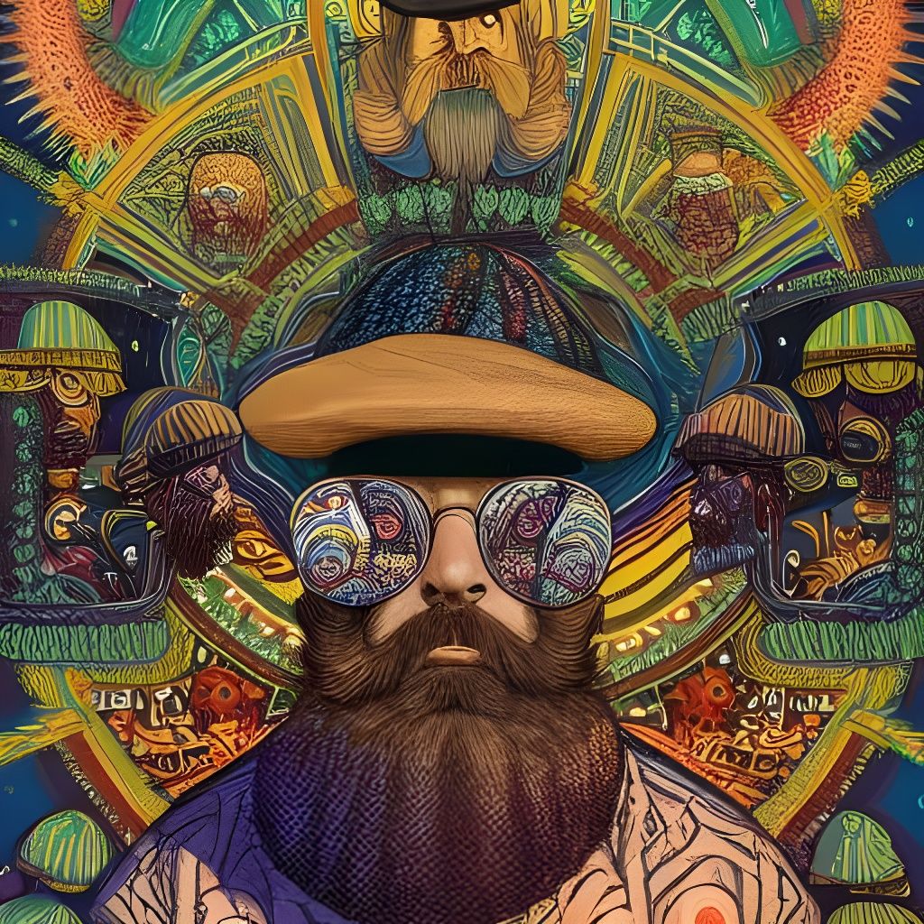 Psychedelic Portrait of Bearded Man in Cap