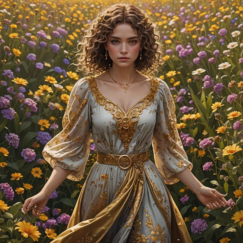 A girl with curly brown hair and golden eyes she has a flowing dress that has a golden chain link belt and a small neckl...
