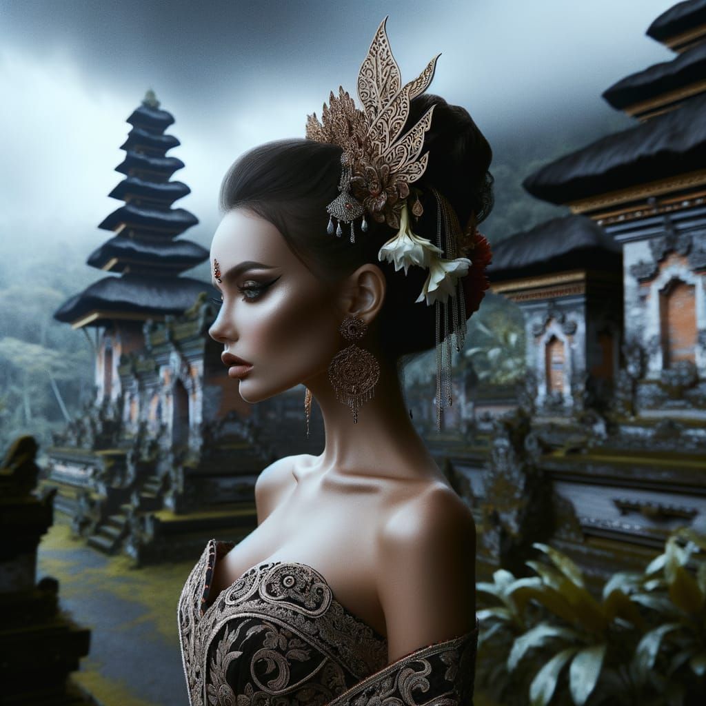 Balinese Empress in Traditional Attire at Ancient Temple