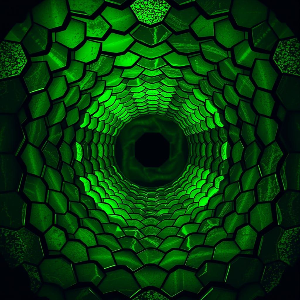 Ethereal Green Cymatics Tunnel with Hexagonal Structures