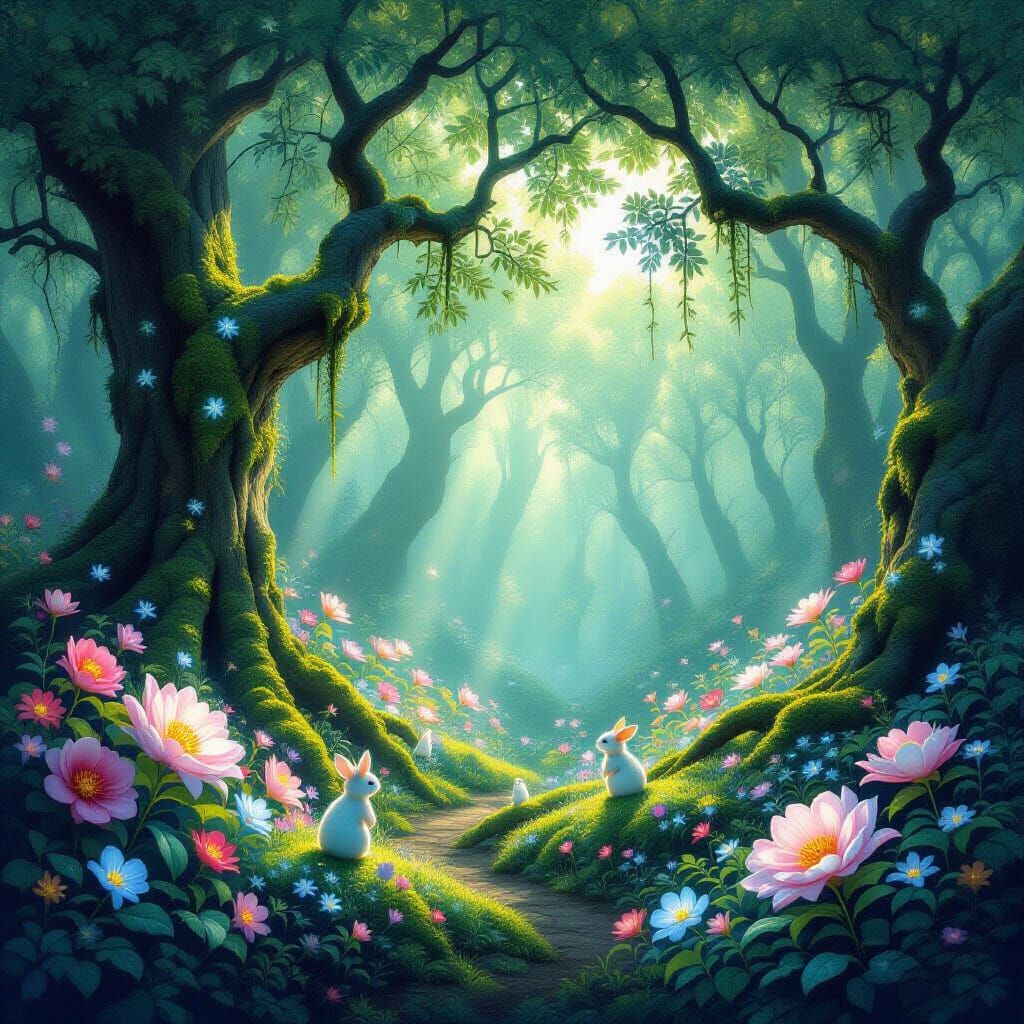 Ethereal Forest with Bioluminescent Flora and Chimerical Ani...