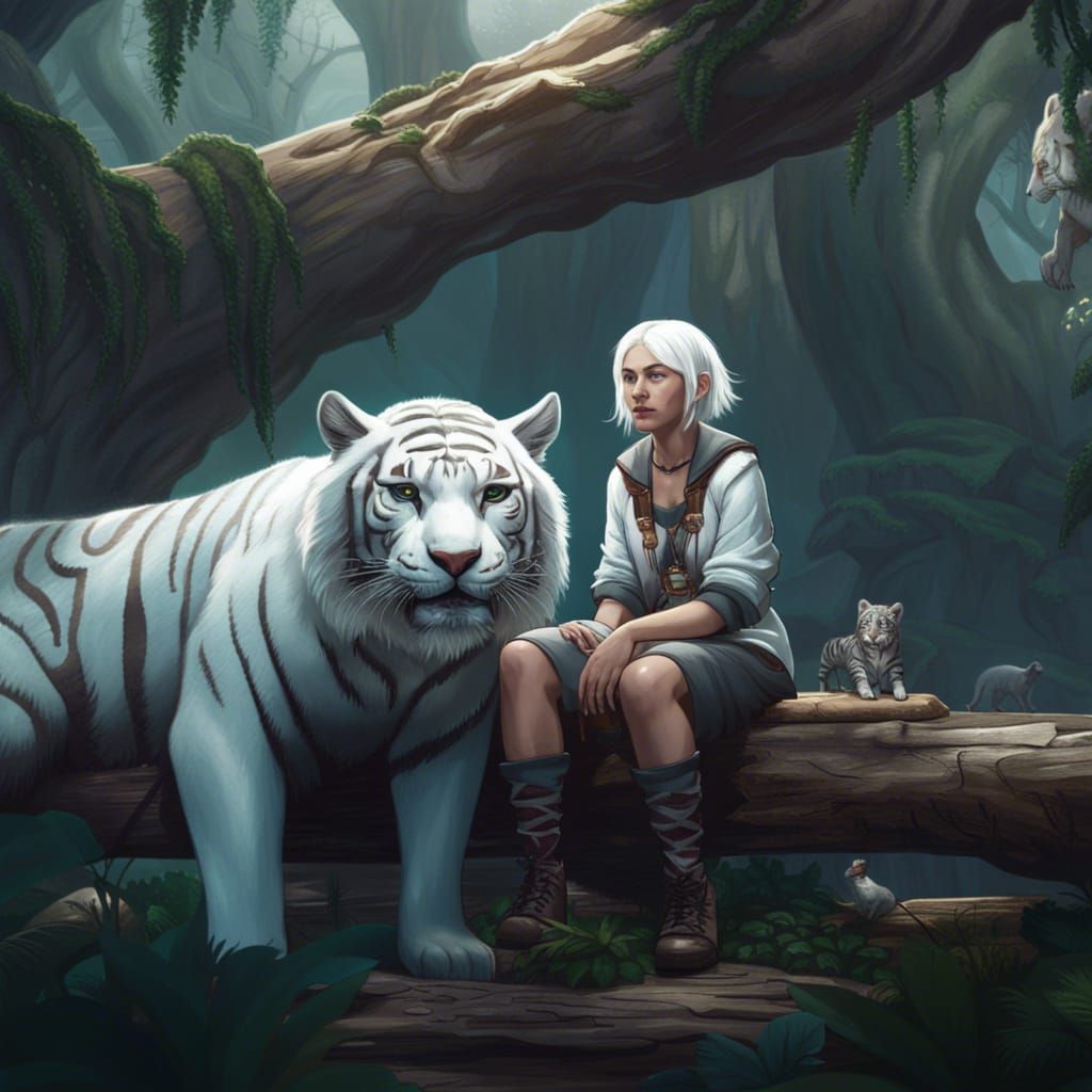 Girl in Forest with White Tigers: Fantasy Art