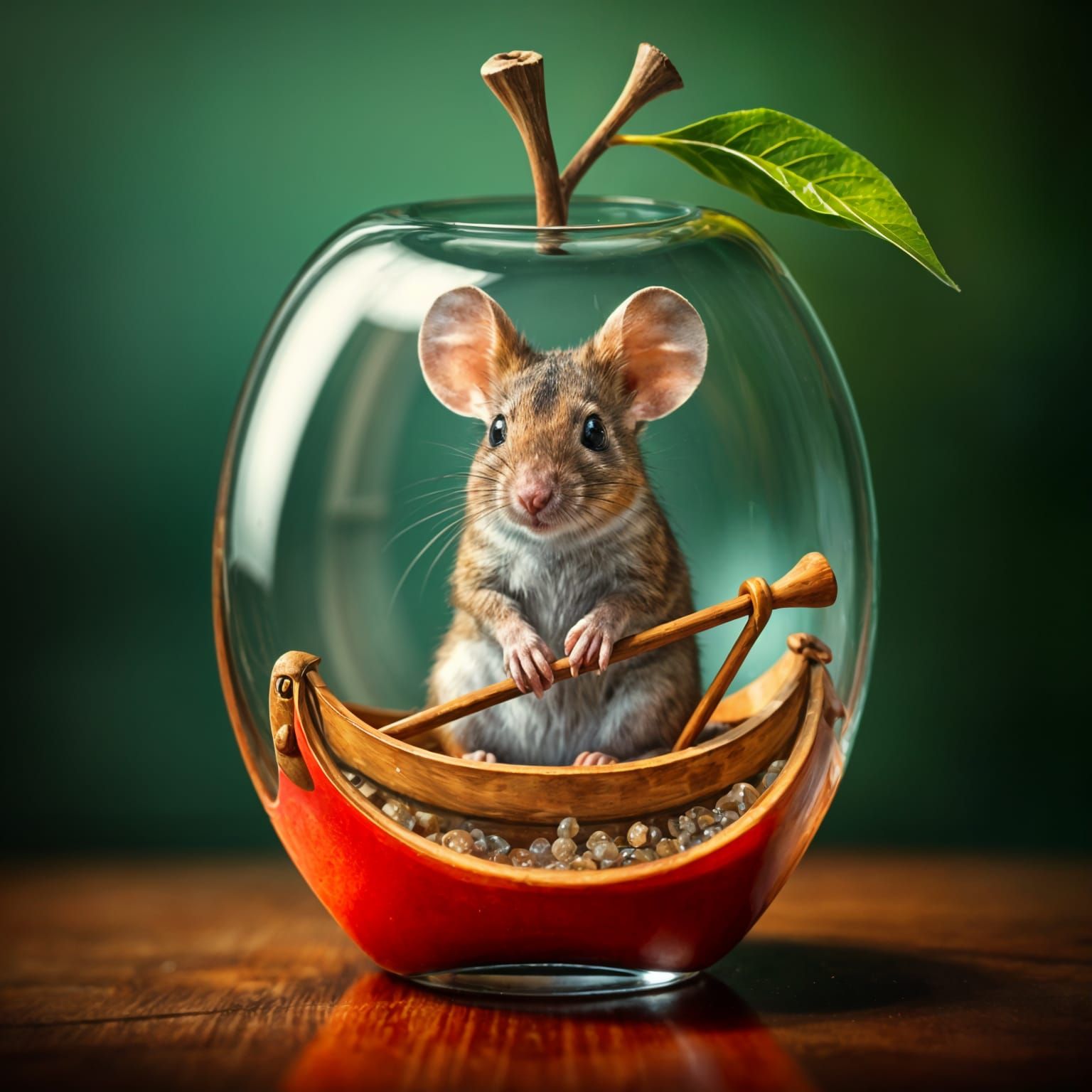 Whimsical Mouse in Glass Apple Boat