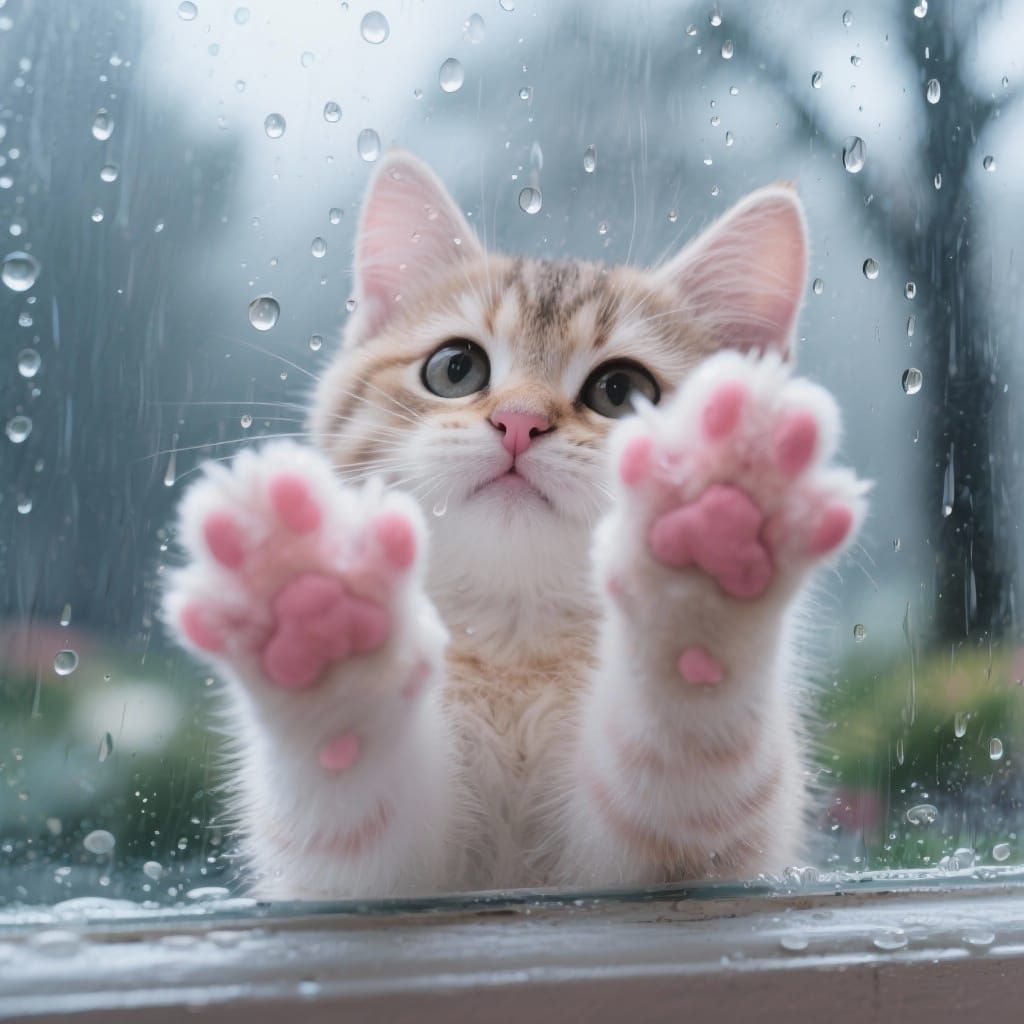 Adorable Kitten Paw Prints on Rainy Window