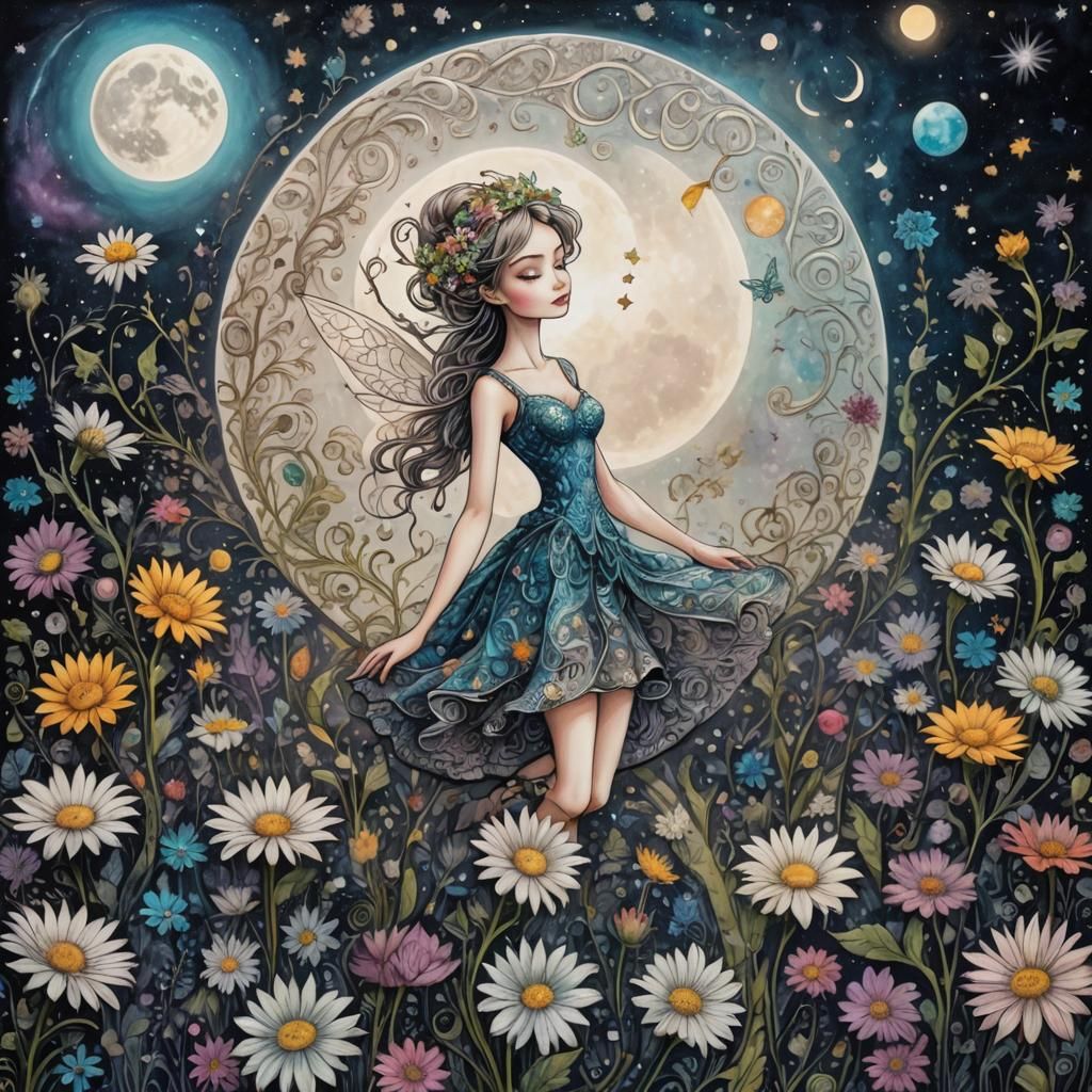 Tinkerbell on Moon in Tim Burton Style