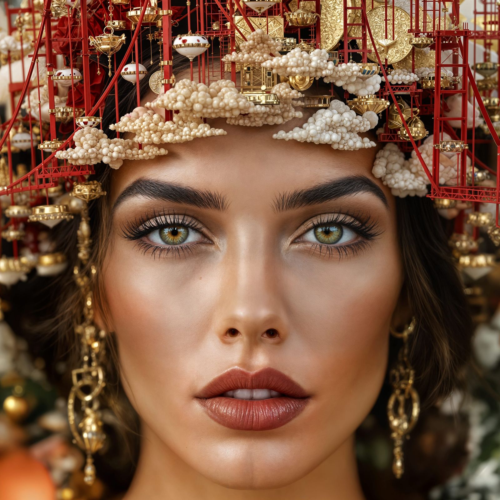 Surreal Portrait of a Woman Wearing a Golden Gate Bridge Hea...