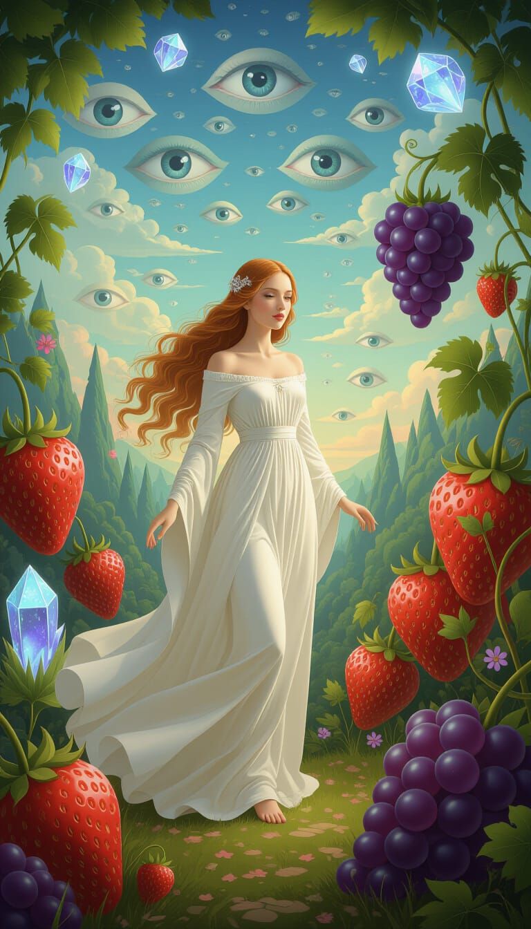 Surreal Woman in Dreamlike Bosch-Inspired Landscape