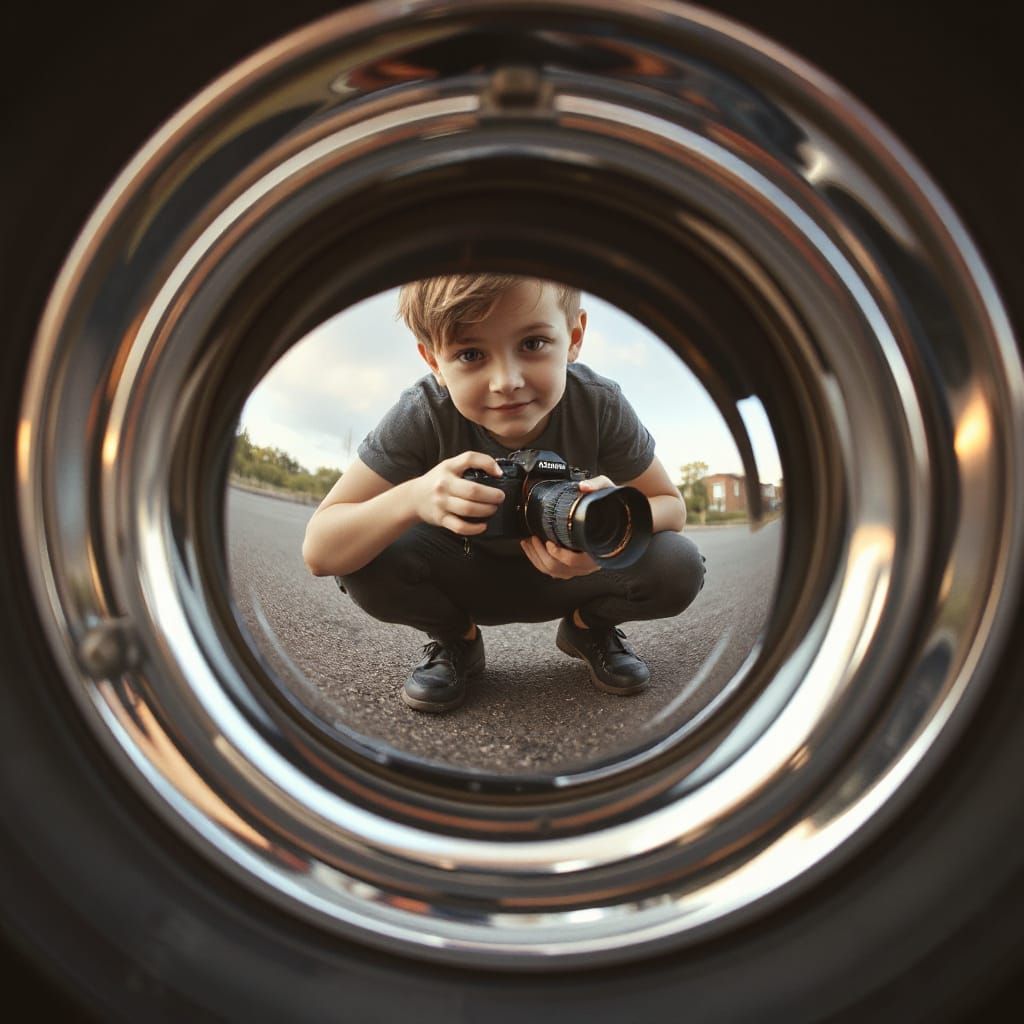 Vintage Photographer in Distorted Chrome Reflection