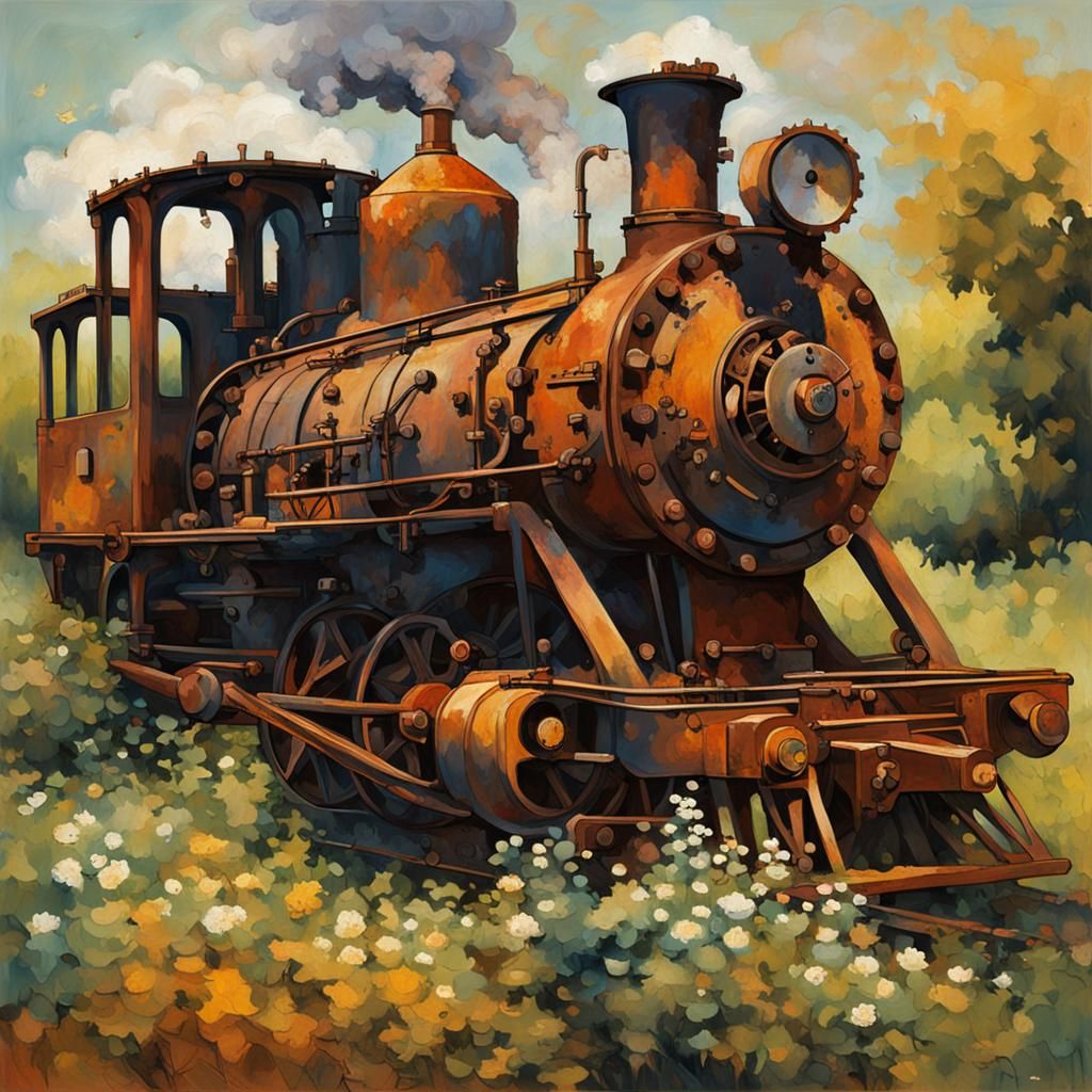 Rusted Steam Engine in Abstract Expressionism Style