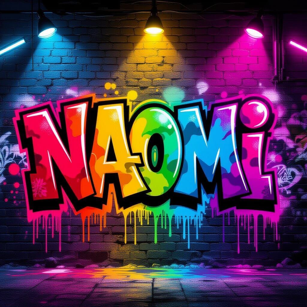 Naomi Graffiti Art on Brick Wall in Neon Light