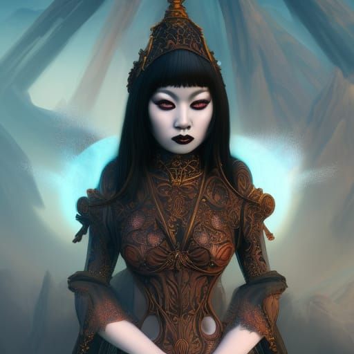 Gothic Asian Woman in Detailed Matte Painting
