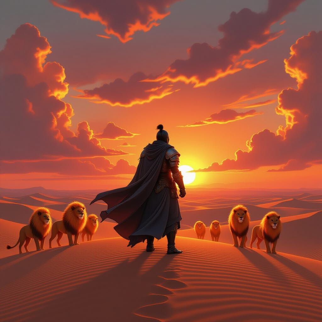 Armored Warrior Surrounded by Glowing Lions at Sunset