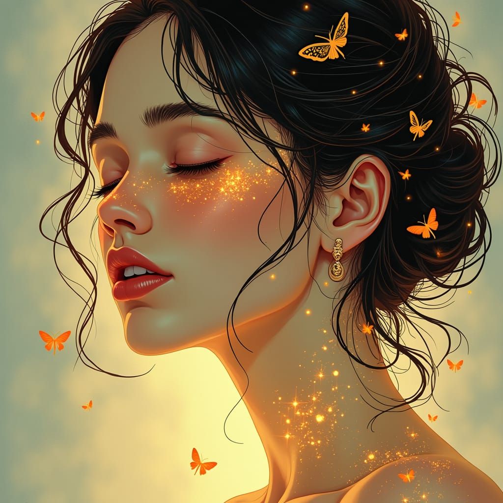 Ethereal Woman with Calligraphic Script, Dreamy Portrait