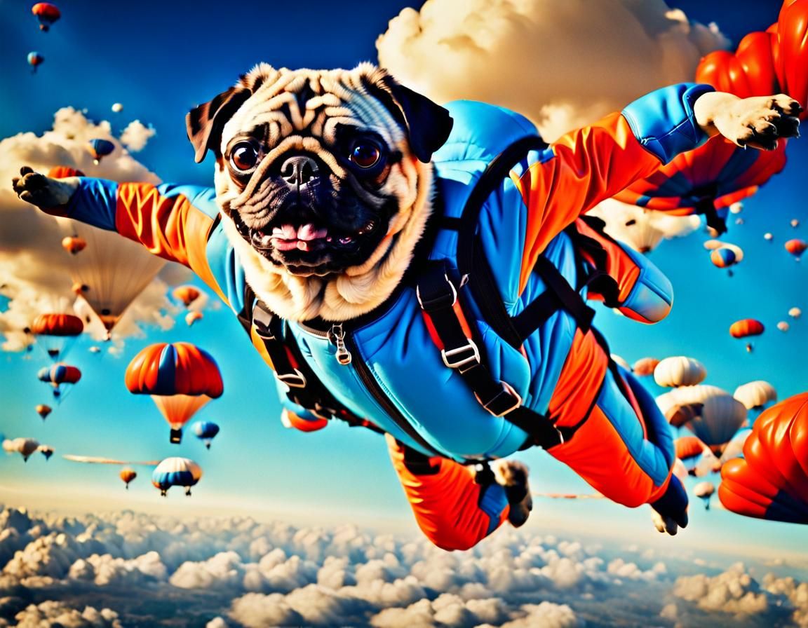 Pug Skydiving in Surrealist Style