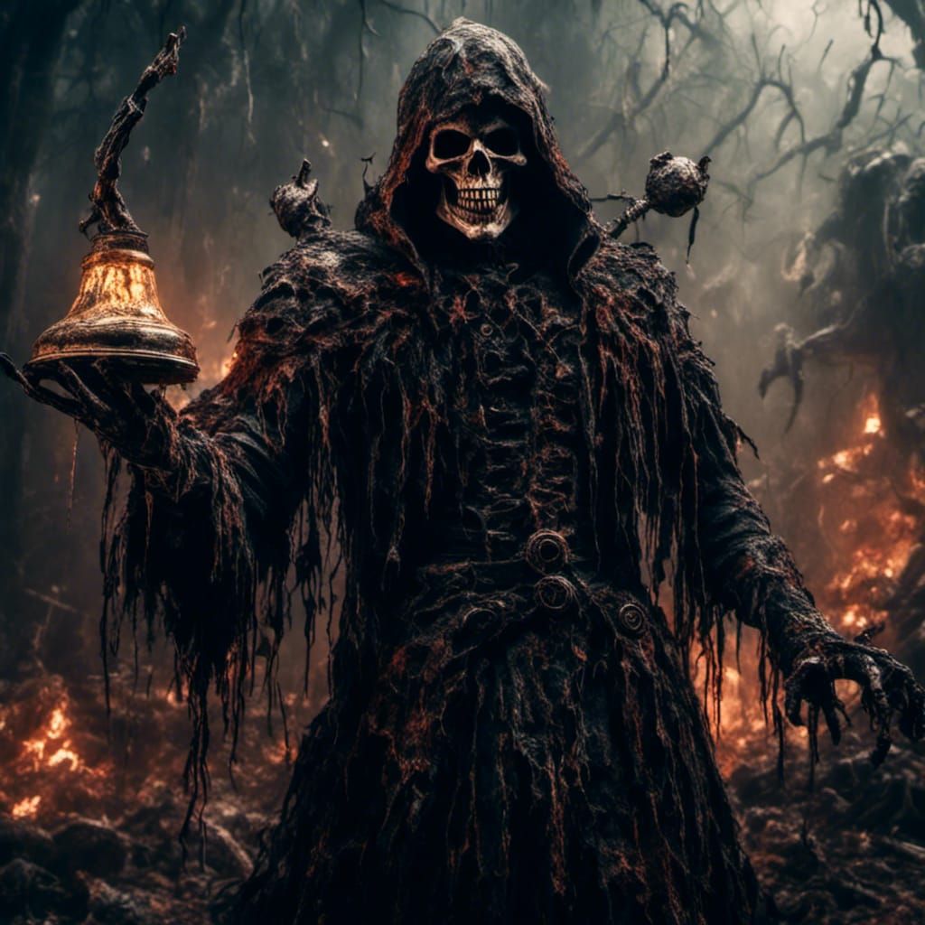 Grim Reaper Rings Bell in Psychedelic Horror Style