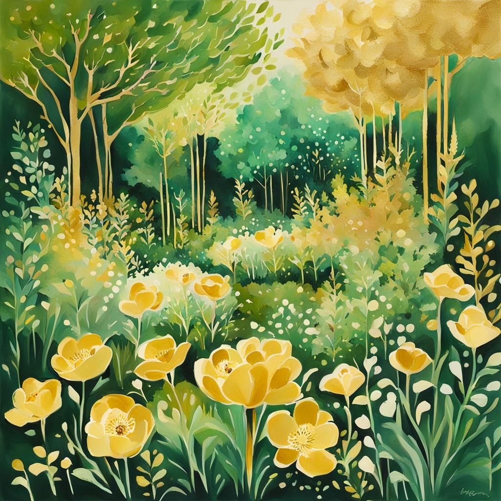 Glowing Golden Garden in Gouache Style