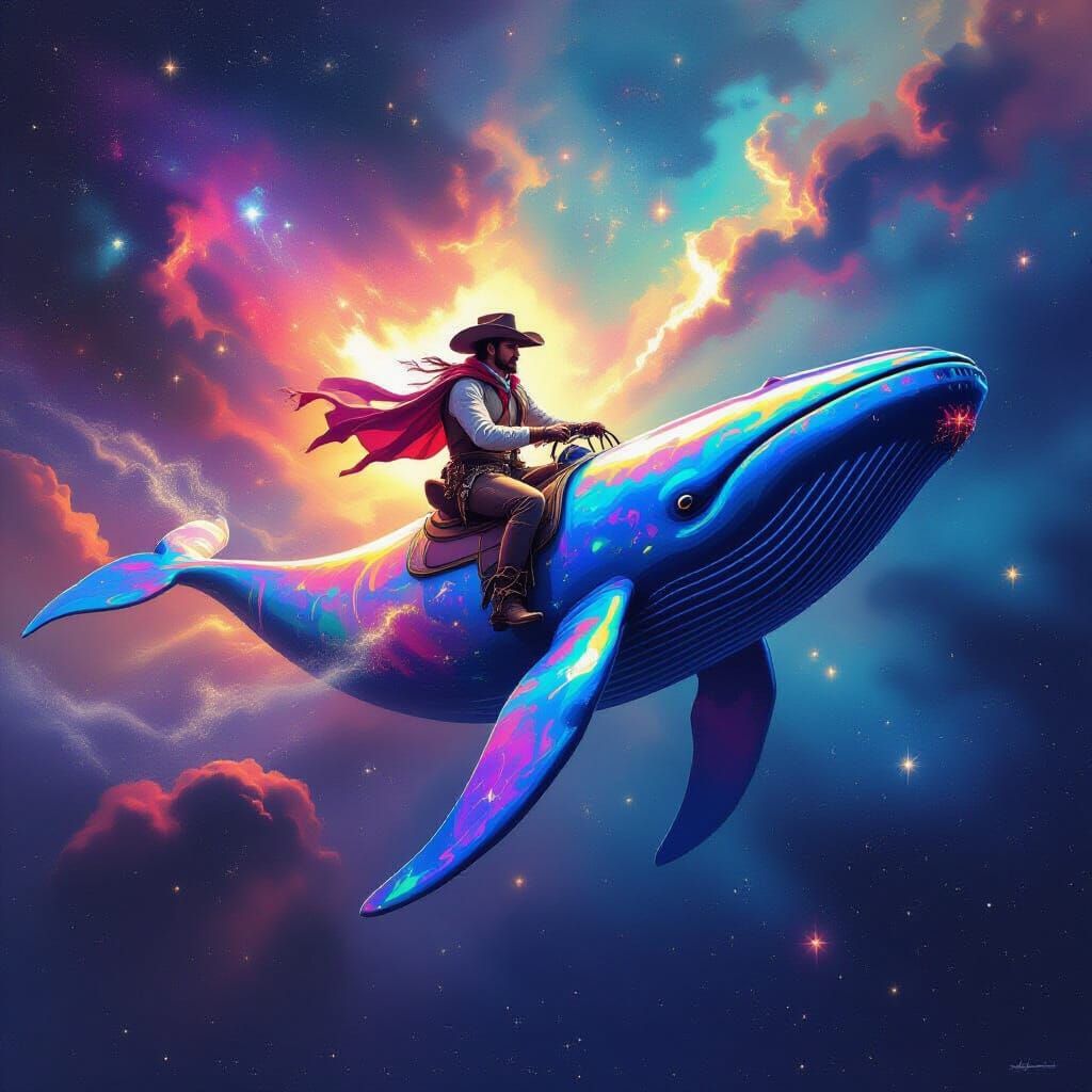 Surrealism. A lone cowboy riding a cosmic whale through a ne...
