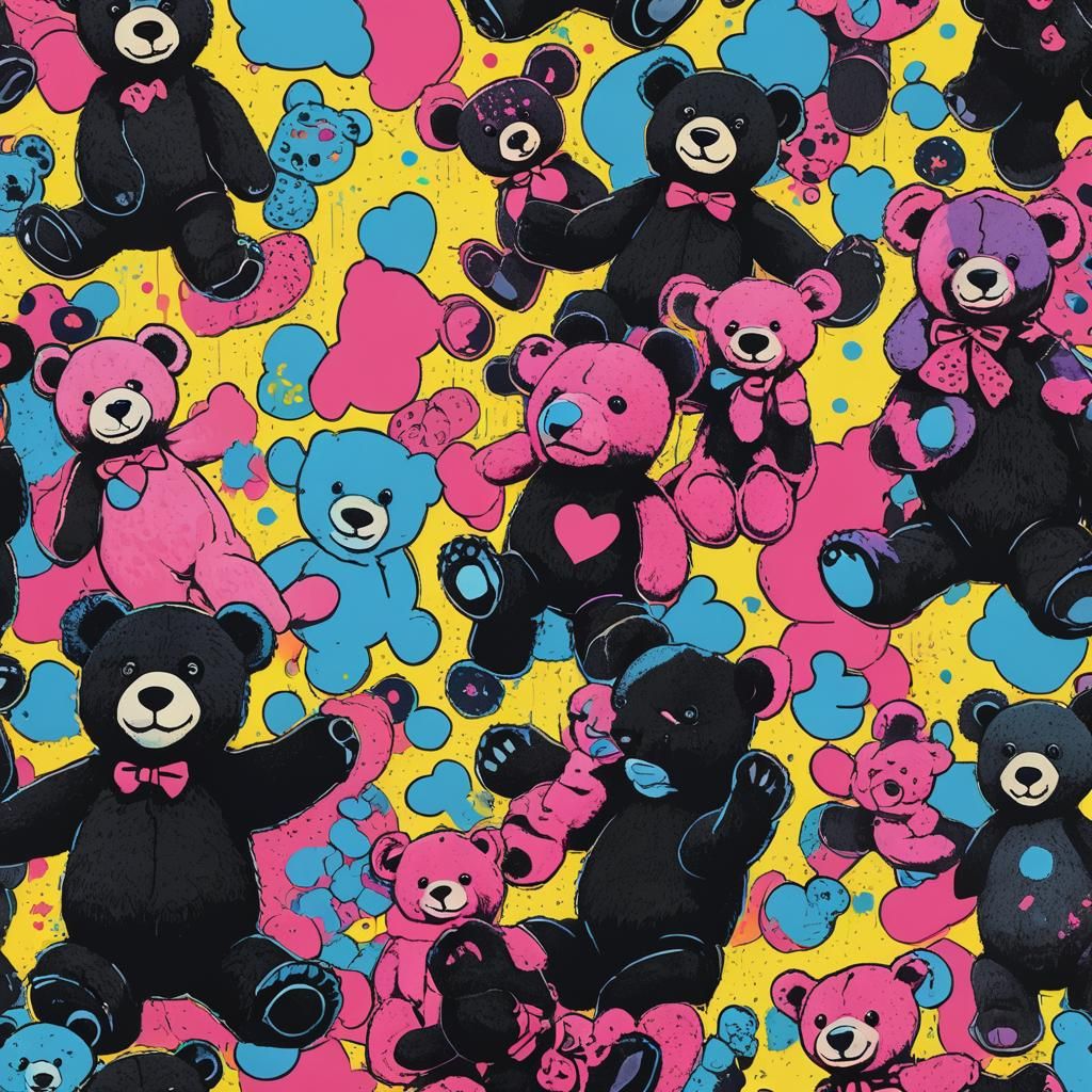 Pop Art Teddy Bear Surrounded by Stuffed Animals