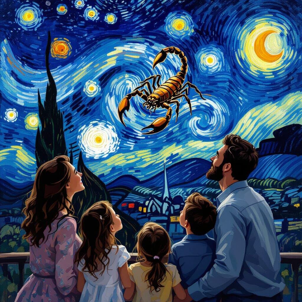 Family Stargazing Under Swirling Starry Night Sky