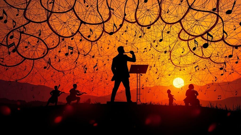 Surreal Orchestra in a Dreamlike Sunset Scene