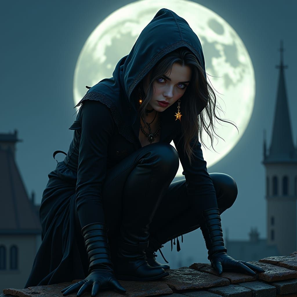 Gothic Rooftop Vigil Under Moonlight
