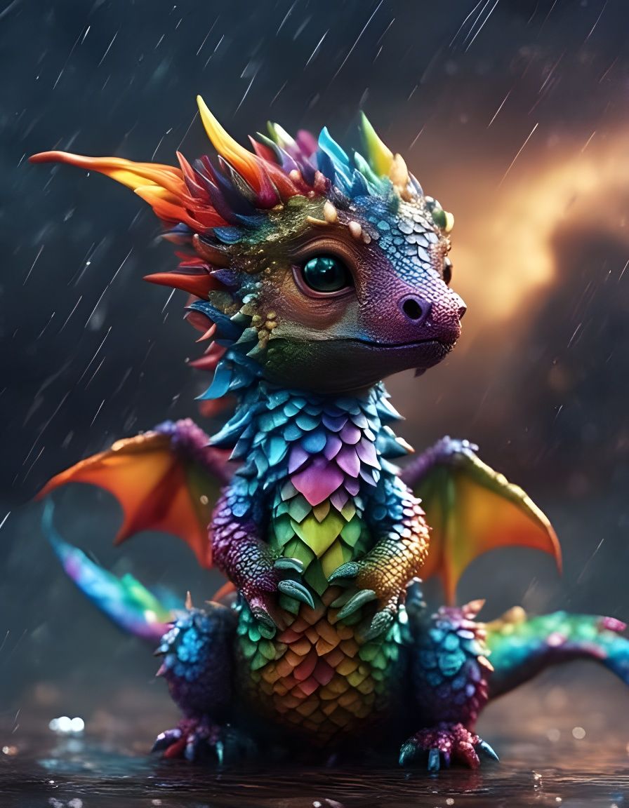 Chibi Rainbow Dragon in Rain, Detailed Digital Art