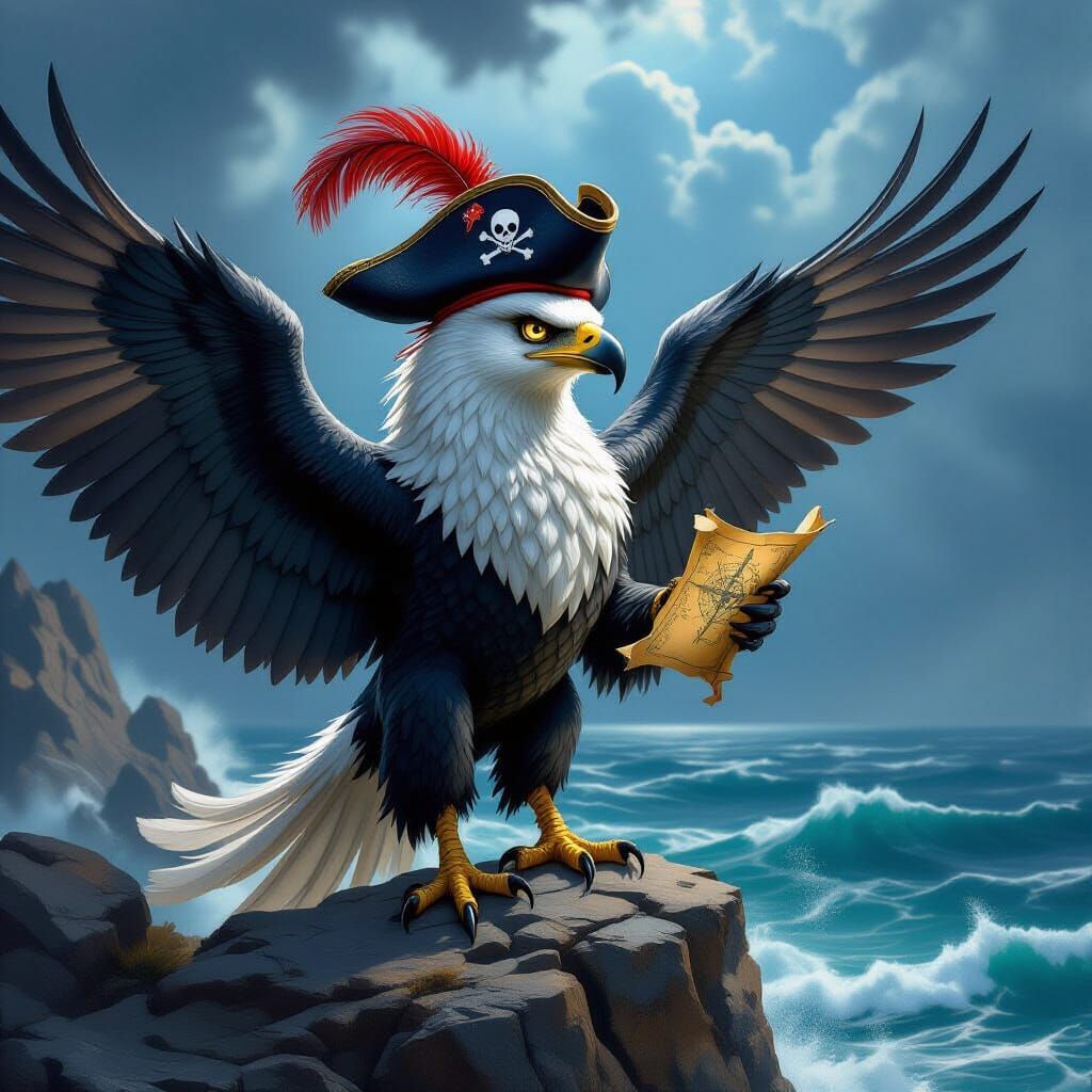 Pirate Griffin on Rocky Outcrop Overlooking Stormy Sea