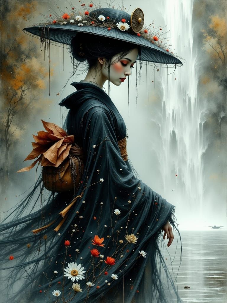 Ethereal Geisha Dissolving into Waterfall