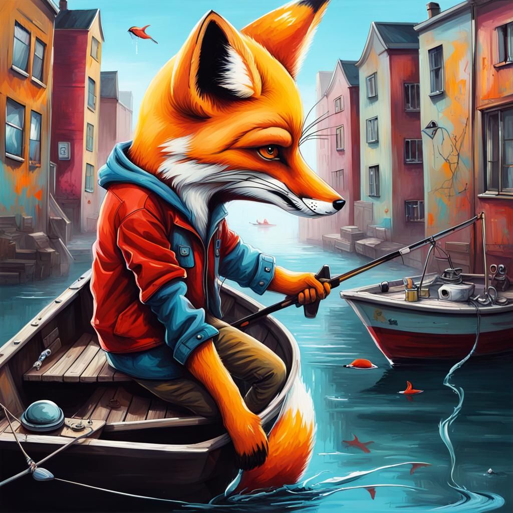 Fox Fishing on a Boat in Graffiti Art Style