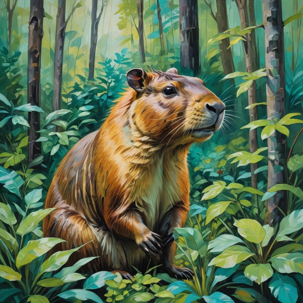 Capybara in Forest, Abstract Expressionist Oil Painting