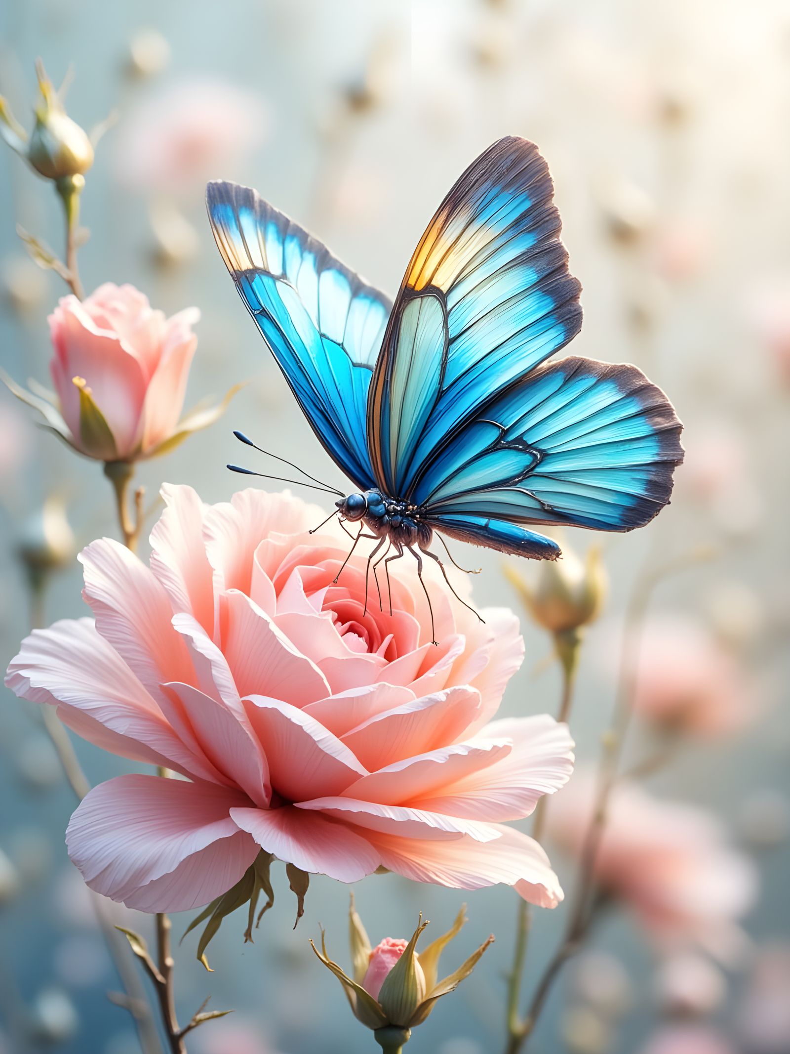 Classic Oil Painting of Blue Butterfly on Rose