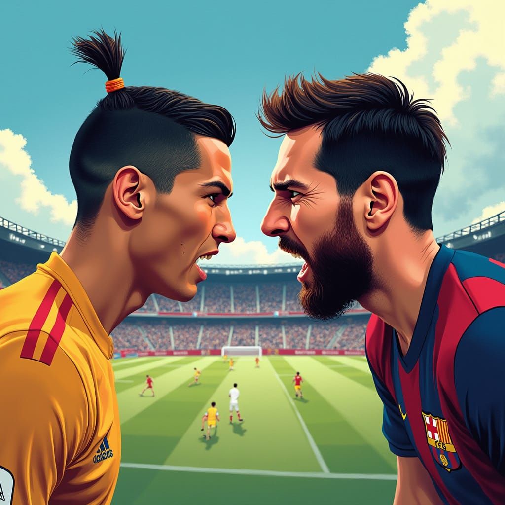 Ronaldo vs Messi: Stylized Illustration with Dramatic Lighti...
