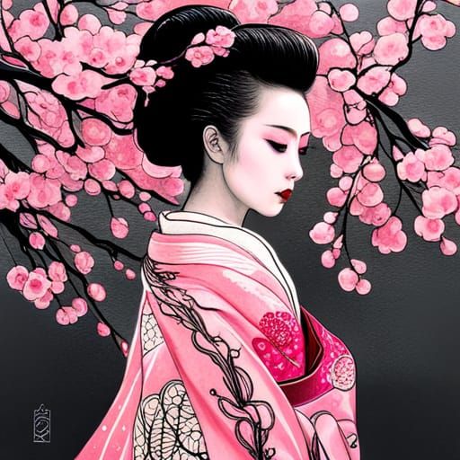 Geisha in Pink Kimono with Cherry Blossoms