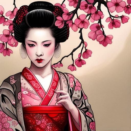 Geisha in Pink Kimono with Cherry Blossoms