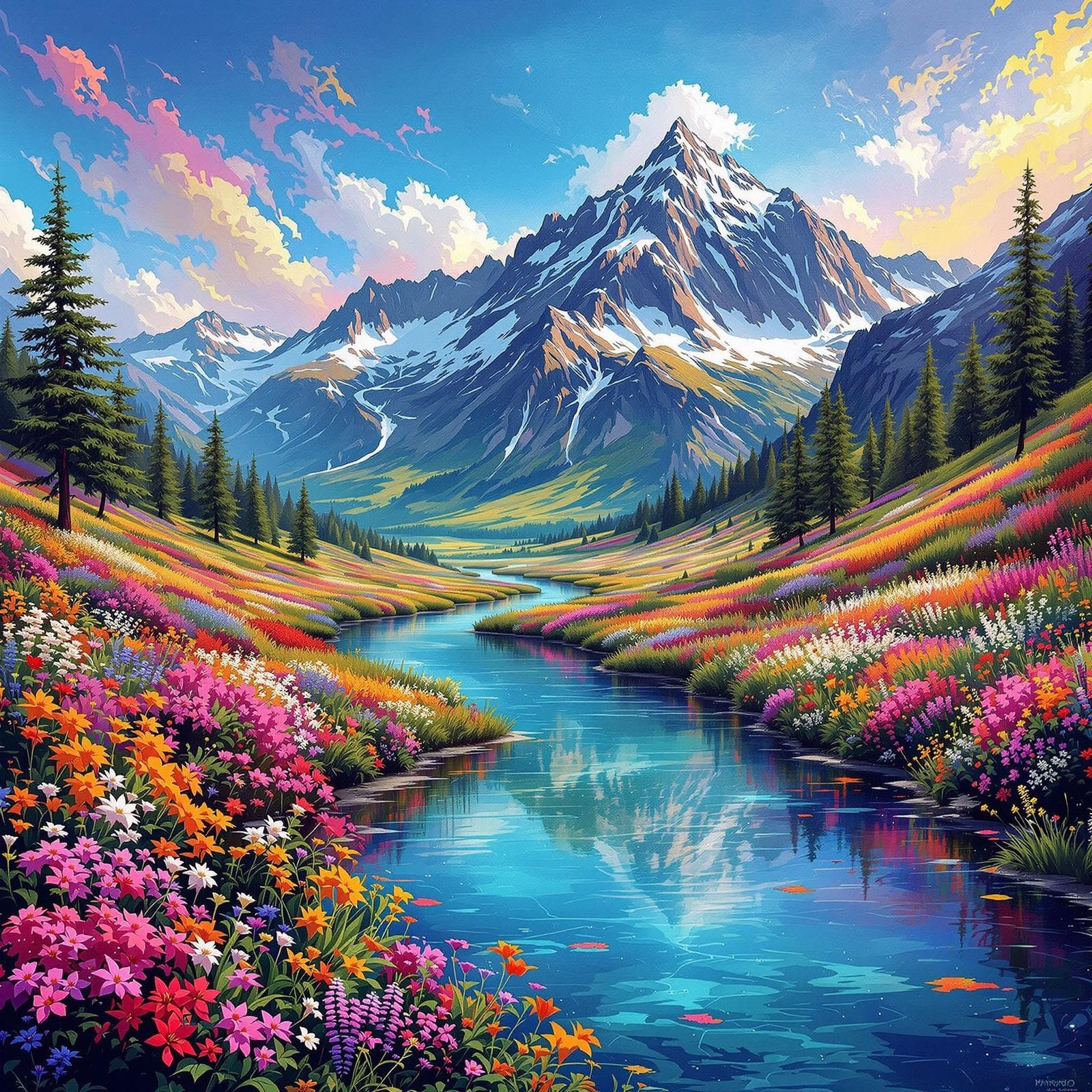 Serene Swiss Alps in Vibrant Floral Tapestry