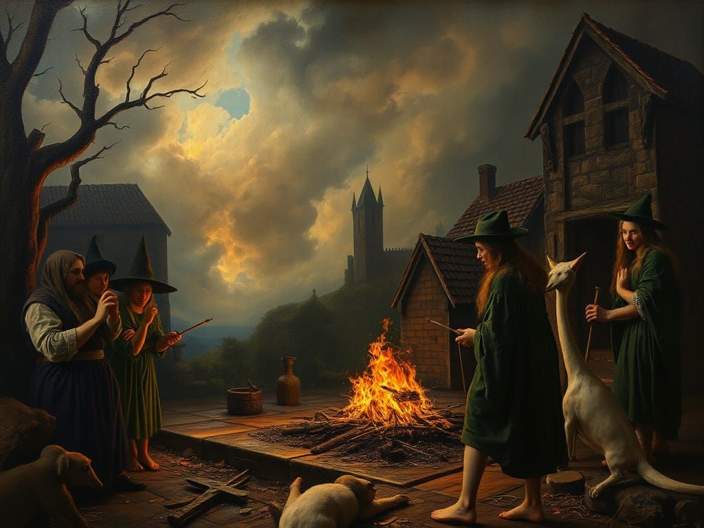Medieval Witch Burning in Rembrandt Style