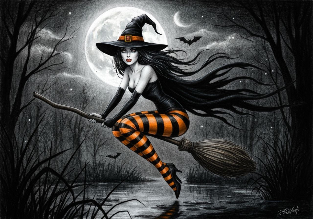 Mysterious Witch on Broomstick in Swamp