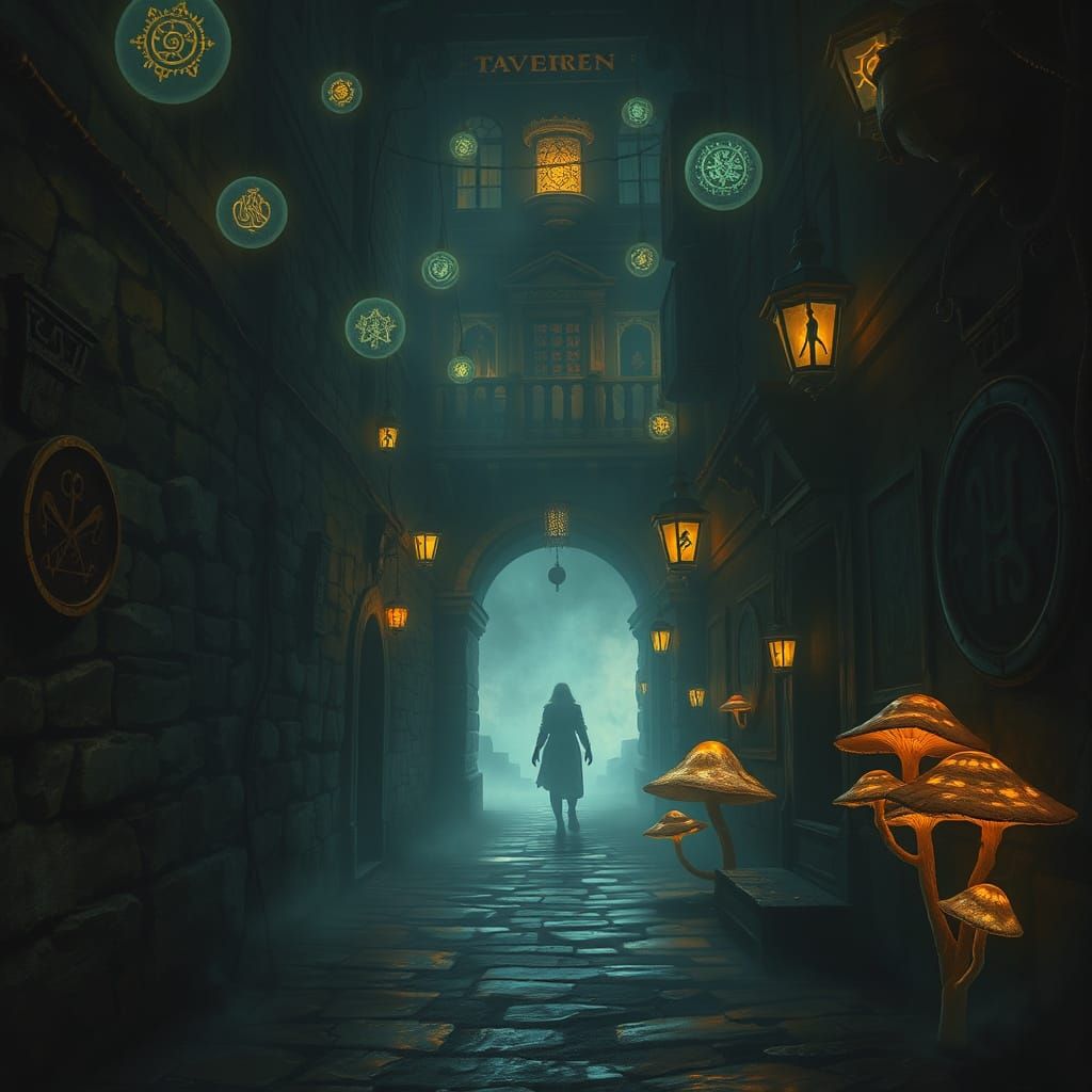 Ethereal Alleyway with Spectral Figure in Dark Fantasy Style