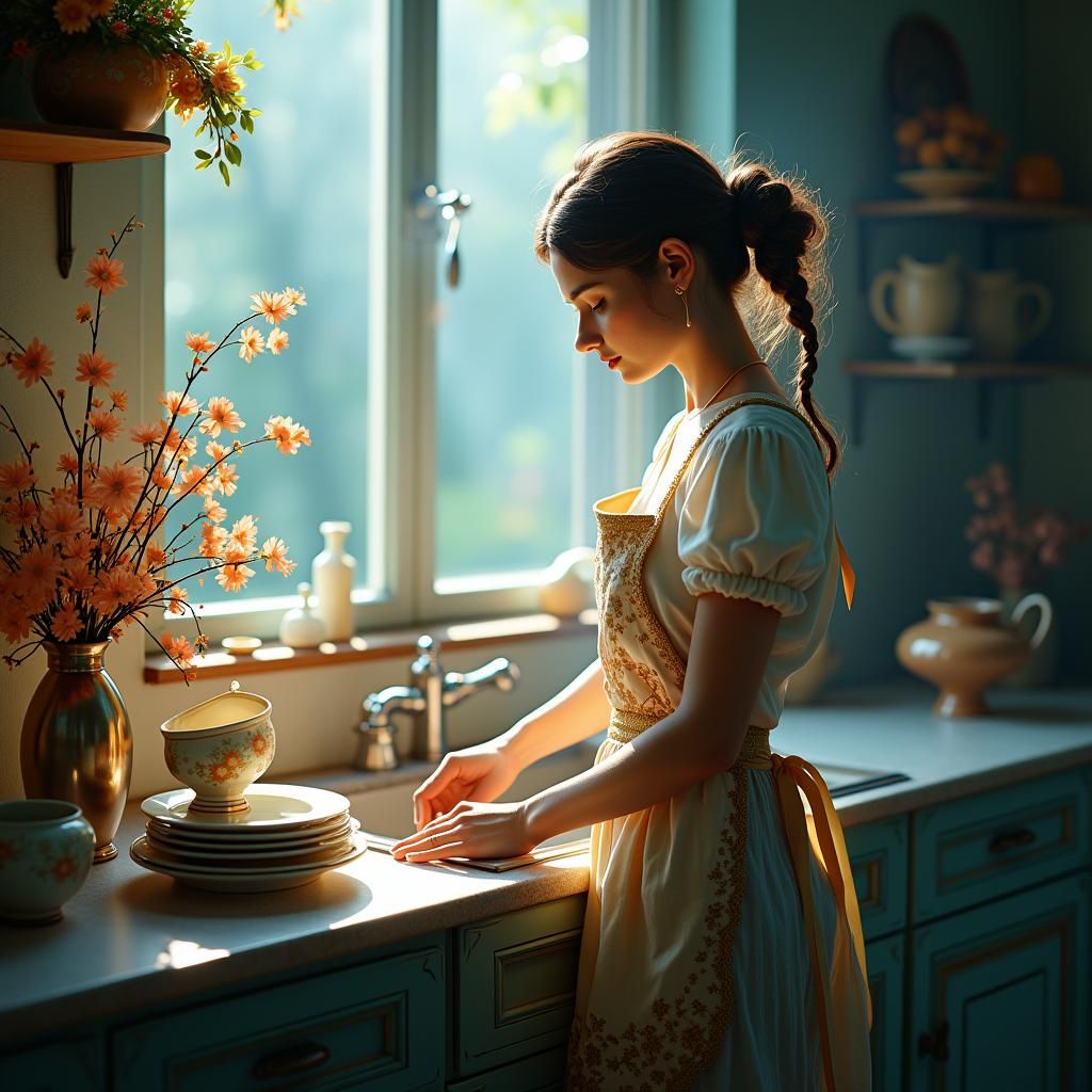 Woman Washing Dishes in Mystical Kitchen Concept Art