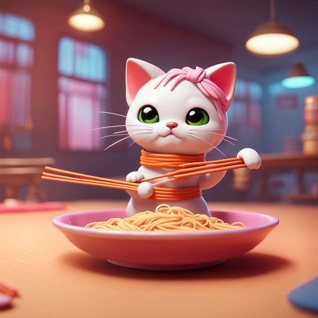 Kawaii Ramen Karate Kitty: 3D Digital Art
