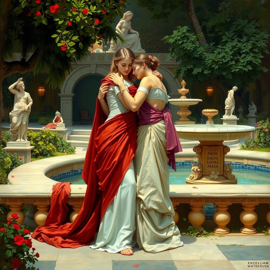 Art by John William Waterhouse, romantic scene, two Roman wo...