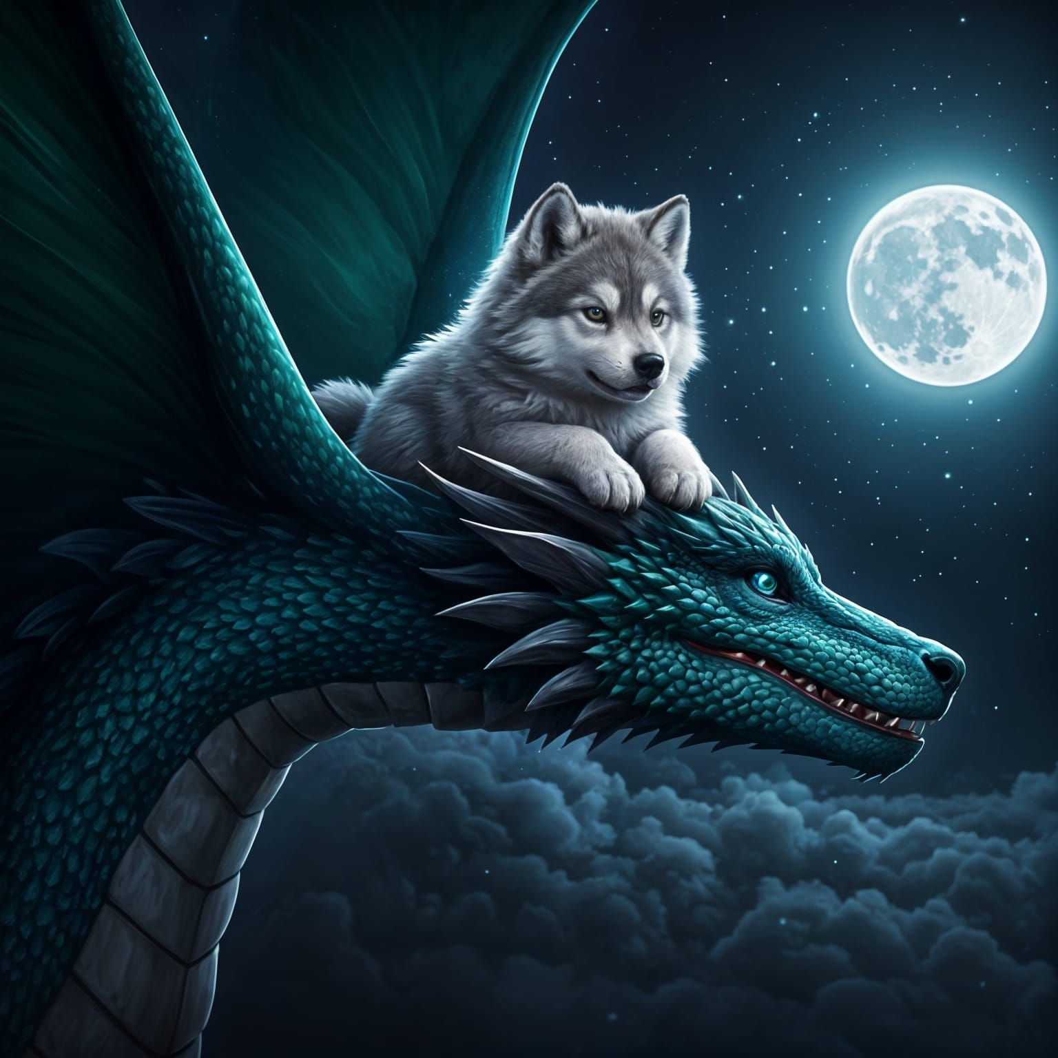 Moonlit Dragon and Chubby Wolf Companion Soar Through Starry...