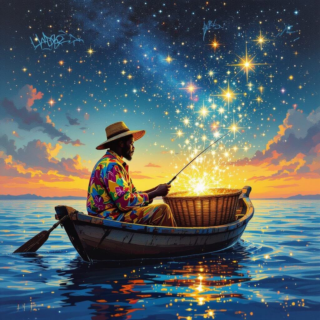 Malawian Fisherman's Cosmic Catch: Graffiti Street Art