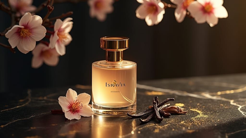 Luxury Perfume Bottle with Sakura Blossoms, Hyperrealistic