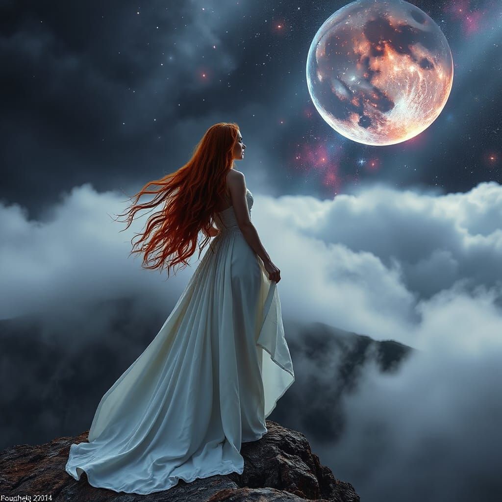 Mystical Woman on Cliff in Stormy Landscape