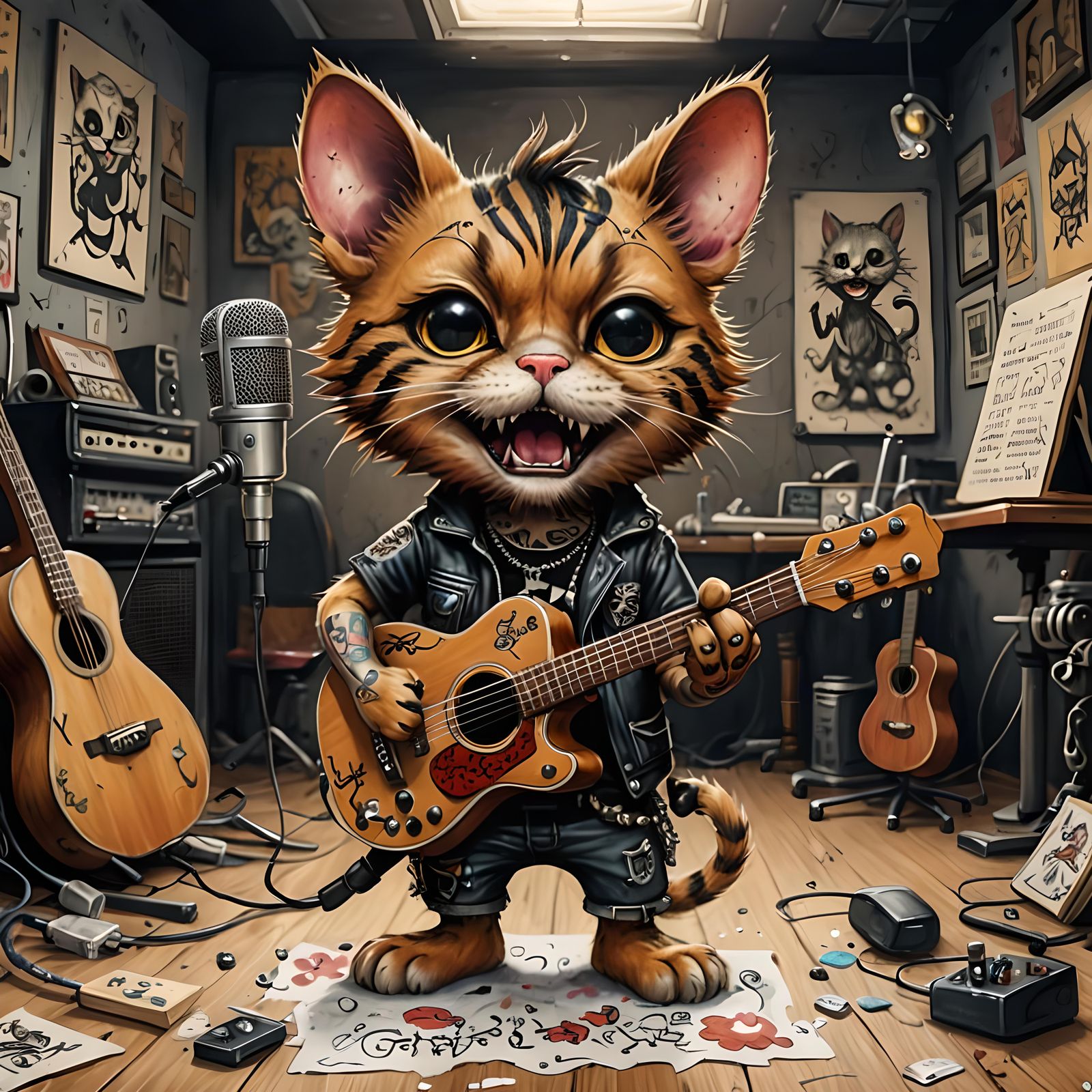 Gritty Chibi Cat and Punk Mouse Duet Painting