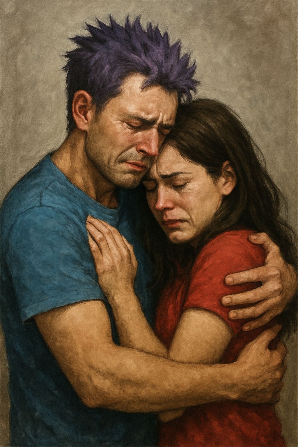 Man and Woman Hugging in Grief, Spikey Purple Hair