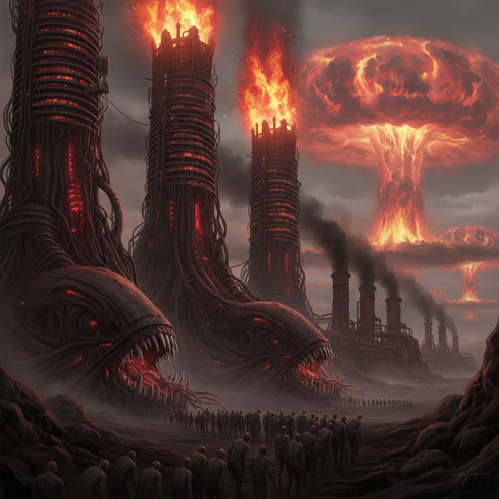 Biomechanical Nightmare Alien Landscape with Fiery Towers