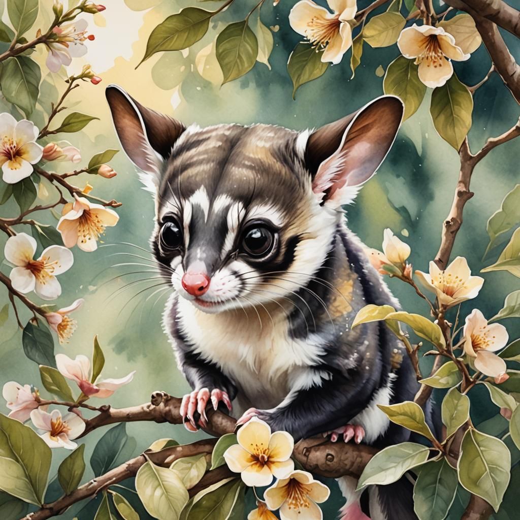 Sugar Glider Nibbling Flower: Realistic Wildlife Illustratio...