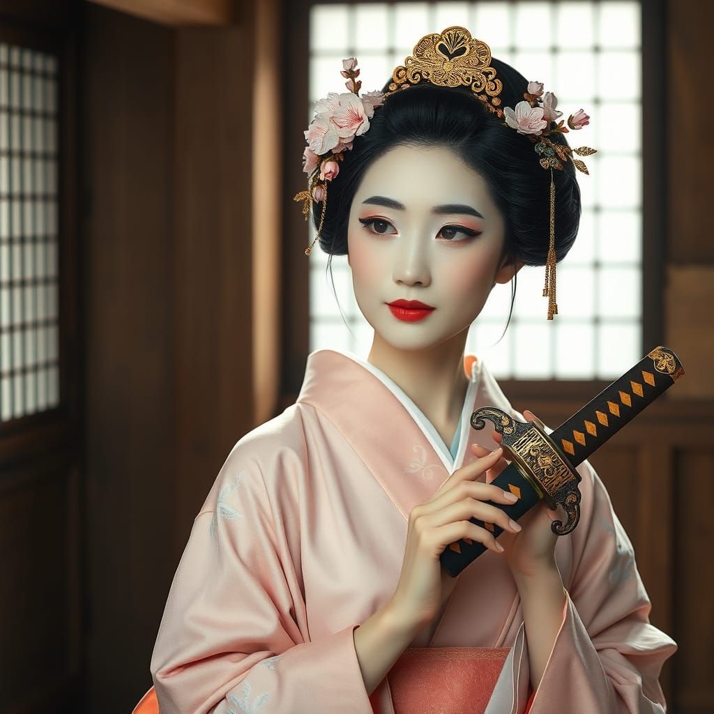 A very close head shot of a beatiful Japanese Geisha in her ...